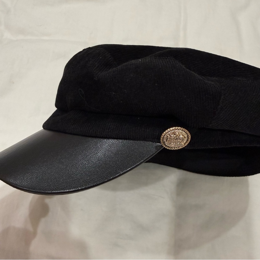 Black Corduroy Faux Leather Newsboy Cap Hat baker boy biker cabbie Selena